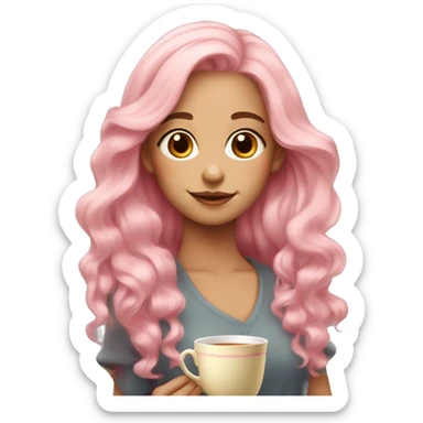Very beautiful girl with very long with soft pink hair with a palette of colors and tea sticker