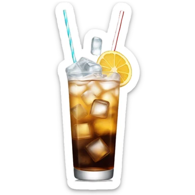 a tall and thin highball cocktail with 2 colors, brown on the bottom and clear water on top with crush ice and a straw, juste one drink, clear separation between colors sticker