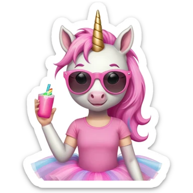 friendly anthropomorphised female unicorn with horse-like face, in tutu and pink t-shirt, wearing dark sunglasses, relaxed pose, close-crop head and shoulders sticker