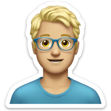 my boyfriend with blond hair 2 silver chain a blue long sleeve and transparent glasses a light yellow  sticker