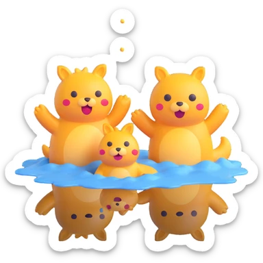 two cute cartoon animals splashing in a puddle, playful, emoji style sticker