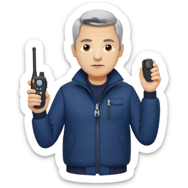 Security, Middle-aged, wearing navy blue jacket, serious facial expression, holding walkie-talkie, full body sticker