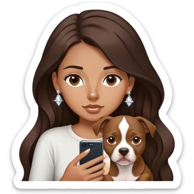 ￼ a young girl with long dark brown hair cascading down her face. It’s with her phone in her hands, sitting next to her pitbull with a small diamond nose ring in her nose. sticker