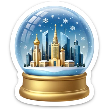 Apple style 3D emoji of a crystal snow globe. Inside the globe are the glowing skyscrapers of Moscow City (Federation Tower and Evolution Tower) covered in snow. Golden sparkles and snowflakes floating inside. High-quality
3D render, glossy glass, soft lighting, isolated on a white background. sticker