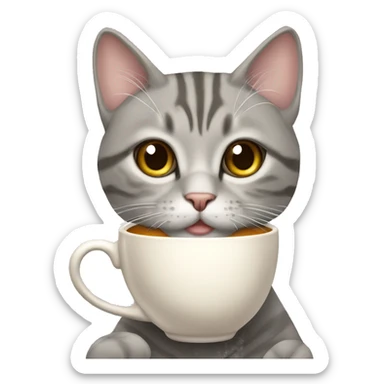 hazel eyed grey Tabby cat holding a cup of tea sticker