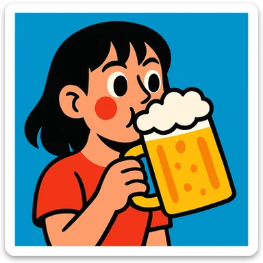 black haired girl drinking beer, vibrant cartoon style sticker