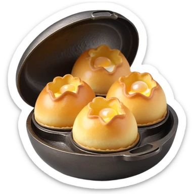 3D rendered authentic Hong Kong egg puffs (港式鸡蛋仔) being made in traditional iron mold, half-open showing bubble formation, golden batter, hyper-realistic texture sticker