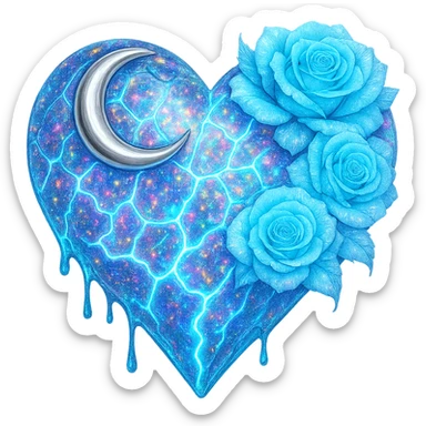 Add much more holographic stardust to the gothic heart with fractured light blue glass, silver crescent moon, light blue roses, neon lightning bolts, and a wet, shiny finish. Keep the background transparent. sticker