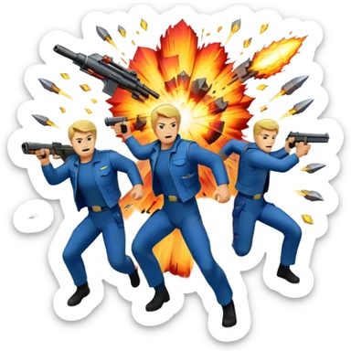 Icon for Action Movies Collage: Collage of iconic action movie elements, including explosions, a hero with weapons, a high-speed chase, and dramatic fight scenes. The design should be dynamic, colorful, and full of energy, capturing the essence of action films. Transparent background. sticker