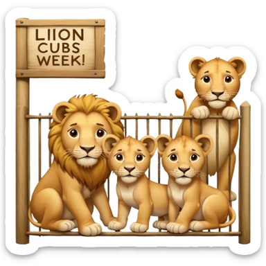 Un letrero del zoológico que dice “LION CUBS — BORN LAST WEEK” y delante una leona con sus cachorros recién nacidos, con la gente mirando emocionada desde la reja.






 sticker
