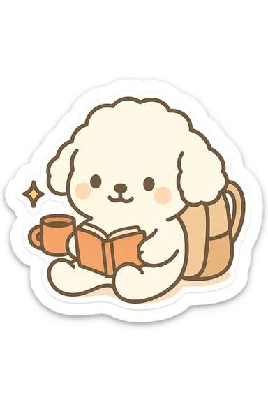 Transform the image into a WhatsApp sticker by removing the background and leaving only the cute little dog sitting and reading a book. Add a white border around the dog for a sticker effect. sticker