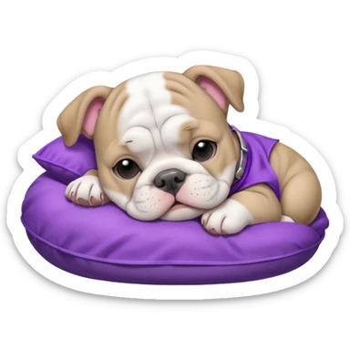 grey and white bulldog puppy sleeping with a purple collar on sticker