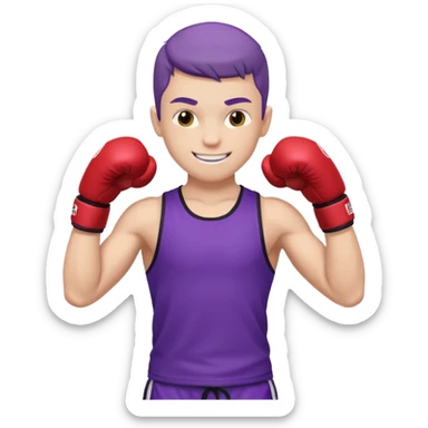 now make a boy whose white smiling in purple kickboxing full shirt with Fighting HARD on the shirt sticker