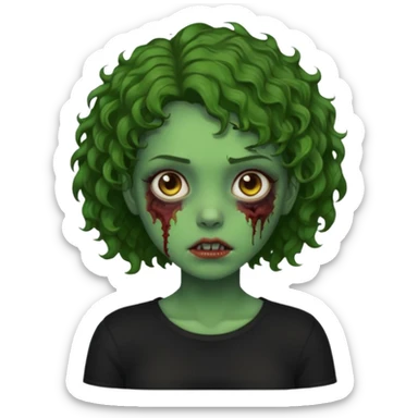 Zombie girl emoji verde com cabelo curto cacheado castanho no ombro com uma blusa preta sticker