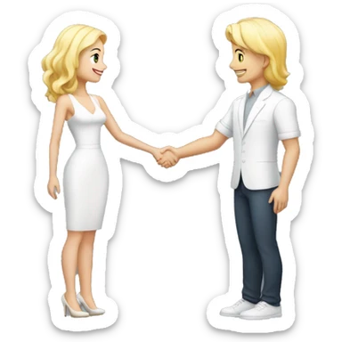 adult restaurant owner with white skin and blogger with white skin and blonde hair shaking hands in full height sticker