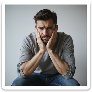 realistic 30-year-old man suffering from anxiety, sitting with knees to chest, worried expression, neutral background sticker