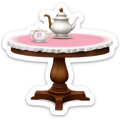 A cute round wooden tea table regency style with pink and white tablecloth on it with monograms sticker