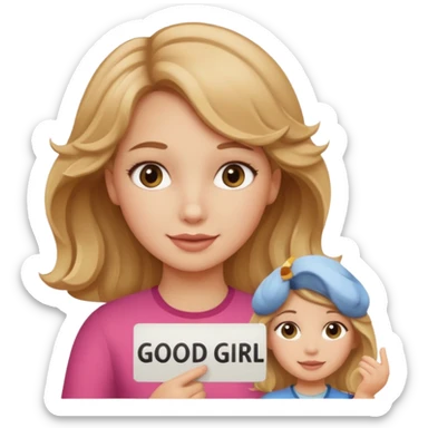 Can you make her more browny blonde with a slight curl in her hair with rosy cheeks holding a sign saying good girl  sticker