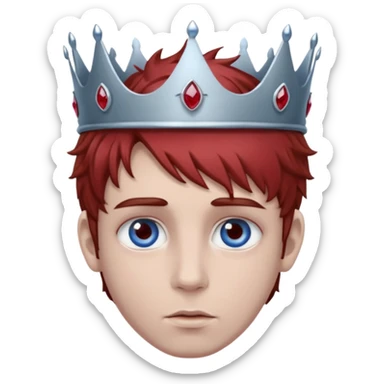 grey boy head with right eye blue and left eye red. he has messy brown hair and a silver crown with rubies on it sticker