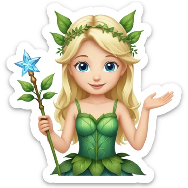 blonde fairy with blue eyes in plant dress with magic wand smiling  sticker