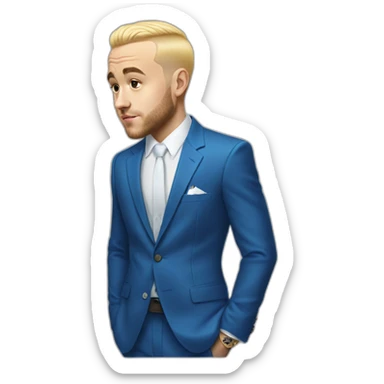 realism mac miller with a blonde comb over skin fade wearing a blue suit  sticker