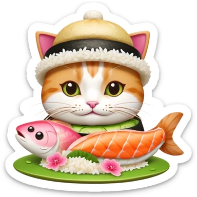 cat wearing a sushi hat with rice base, multiple fish pieces on top, wasabi accent, pink ginger slices, and lots of soy sauce heavily dripping down the sides sticker