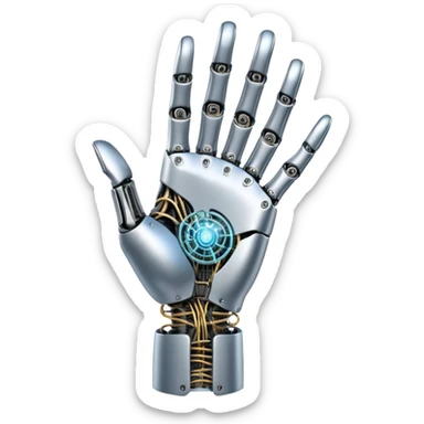 An icon inspired by Da Vinci’s 'The Creation of Adam', featuring a robotic hand reaching out to touch a human hand, symbolizing artificial intelligence. The design includes neural networks, glowing circuits, and a holographic brain. Transparent background sticker