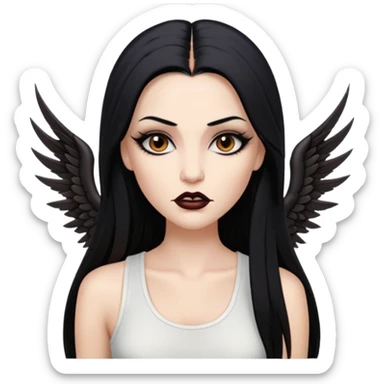 White woman with a white tank top long black hair glossy middle part straight long hair vamp look with fangs brown eyes eyeliner winged with lashes top and bottom white border big lips black eyebrows sticker