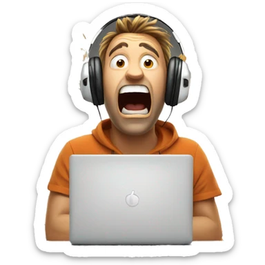 explosion face man wearing headphones, very surprised with wow face, mind blown looking at laptop sticker