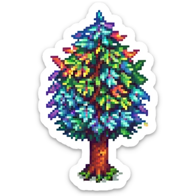 Terraria tree with multicolored leaves in a spiral rainbow pattern, pixel art, whimsical, no text sticker
