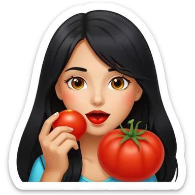 Pretty tanned girl with long black hair, eating tomatoes sticker