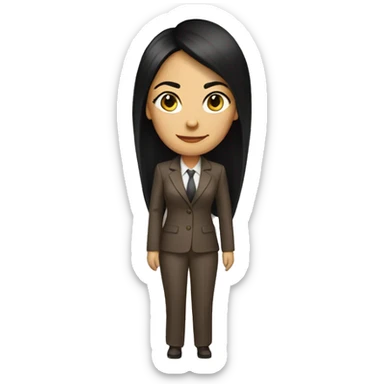 Female defense attorney with long black hair with brown suit sticker