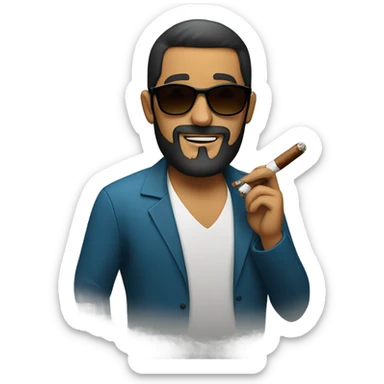 Latino man wearing sunglasses and smoking a cigar. He has a beard sticker