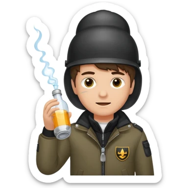 erstell ein bild Von eine jungen der braune augen hat eine sturmhaube trägt und eine Jacky flasche in der Hand hebt plus eine Jacke mit schwarzen fell sticker