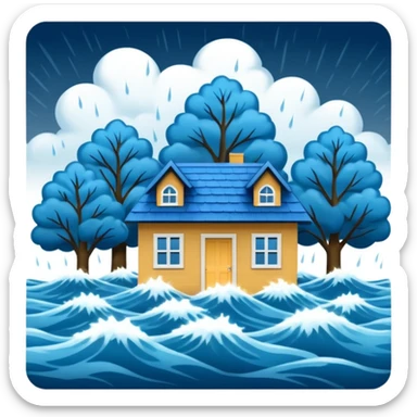 showing a flood disaster scene with powerful blue water waves overflowing around small houses and trees, dark cloudy sky, heavy rain falling, dramatic yet simple design sticker