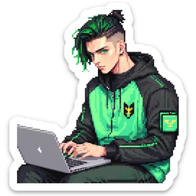 male with dark hair, wearing a black palm angels tracksuit, high fade haircut, slick back hairstyle, green eyes, green aura, coding on black laptop sticker