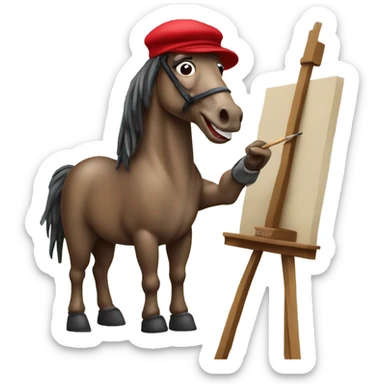 horse artist wearing a beret and standing in front of an easel with a paintbrush in his mouth sticker