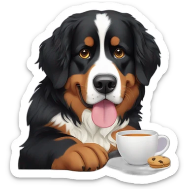 bernese mountain dog drinking tea and eating cookies sticker