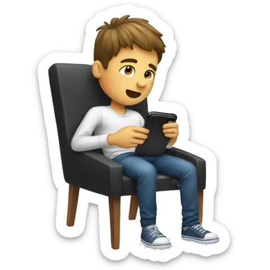 A boy using phone sitting on the chair with legs upside sticker