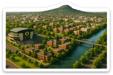 cinematic realistic emoji of Eugene Oregon wide city view with iconic landmarks Autzen Stadium University of Oregon campus Skinner Butte Willamette River lifelike detail accurate colors bright daytime lighting no sky no clouds no city name label transparent background sticker