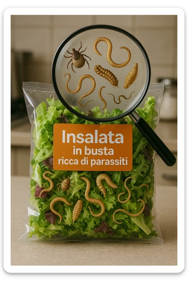 Insalata in busta ricca di pa transparent plastic bag of pre-washed salad sits on a kitchen counter. Through the bag, small, detailed images of various parasites (such as worms, larvae, or microscopic bugs) are visible among the lettuce leaves. A magnifying glass hovers over the bag, enlarging the parasites for emphasis. The mood is cautionary and educational.arassiti sticker
