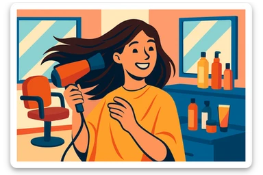 mujer sonriente en la peluquería, secándose el cabello con secador, estilo moderno, detalles de salón de belleza sticker