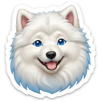 Cinematic Cute Yawning Samoyed Portrait Emoji, Head tilted slightly with a dramatic, wide-open yawn, showcasing a soft, fluffy white Fur with a gentle shimmer, floppy ears slightly drooping, round blue eyes barely open in drowsy contentment, Simplified yet irresistibly adorable features, highly detailed, glowing with a soft, cozy glow, high shine, relaxed yet expressive, stylized with a touch of whimsy, bright and endearing, soft glowing outline, capturing the essence of a sleepy yet affectionate companion, so drowsy it feels like it could stretch right out of the screen and curl up for a nap! sticker