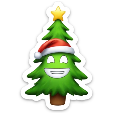 Happy christmas tree character with santa hat and anime smile sticker