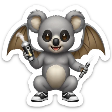Koala with bat wings and fangs , wearing Nike dunks and holding a vape sticker