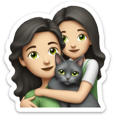  white woman with dark hair cuddling grey cat with green eyes  sticker