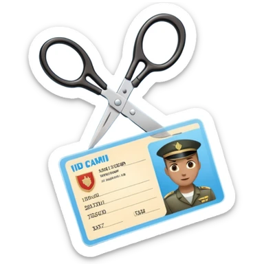 Floating black Scissors cutting in half a light blue idf soldier ID card with golden chip in 2 parts .hyper realistic sticker