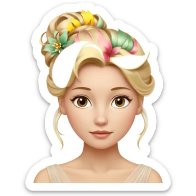 Cinematic Realistic Rococo Portrait, depicted with lifelike skin texture, subtle rosy undertones, and soft natural lighting that enhances the gentle contours of her face. Her intricately detailed golden blonde hair is elegantly styled in an updo, with delicate wisps framing her face.  sticker