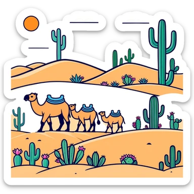 ￼ Make there be cactuses and tan sand, and in the flowers blooming on the cactuses camels with people riding on the camels sticker
