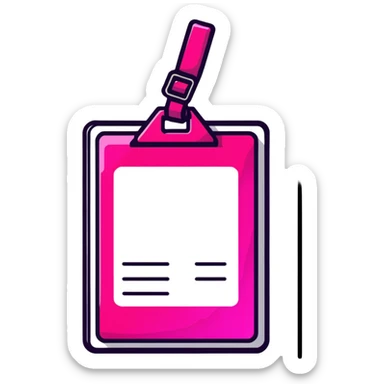 ID badge, transparent glass with bright pink gradient from #FF335F to #FF99AA, highlights and reflections, minimalistic sticker
